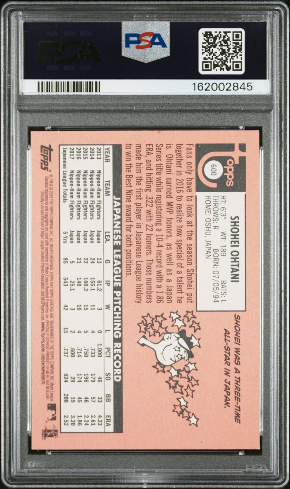 2018 Topps SHOHEI OHTANI #600 Rookie PSA 8 NEAR MINT-MINT view 2