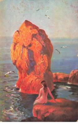 Nude - painting - woman sitting on a rock admiring the sea