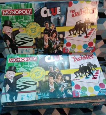 Hasbro MONOPOLY/CLUE/TWISTER Triple Play Pack of 3 Family Board Games All In 1