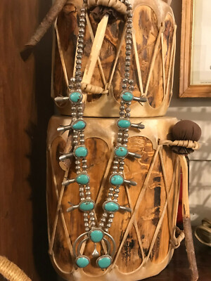 Vintage Navajo Sterling Turquoise Squash Blossom Necklace