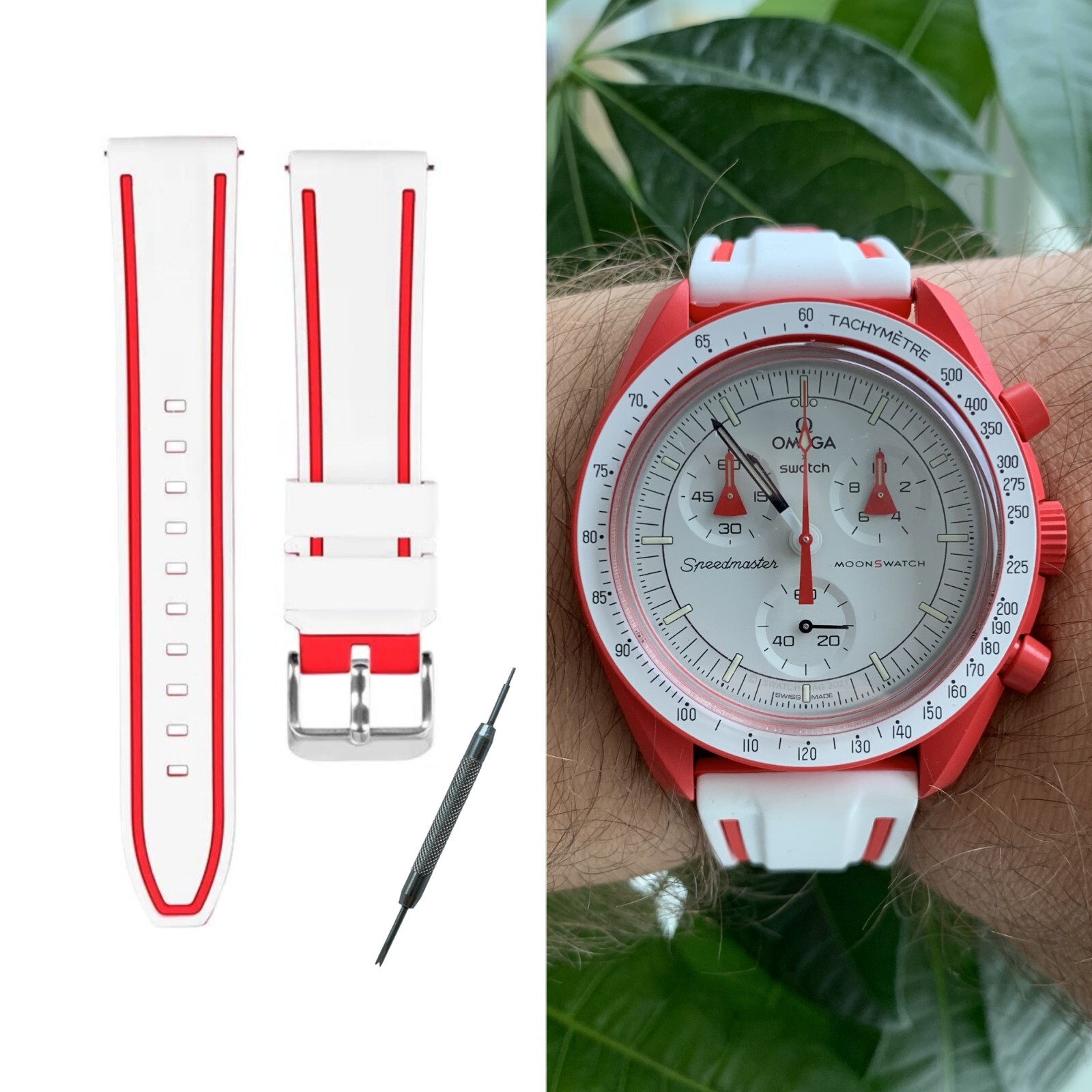 Bracelet silicone MoonSwatch blanc et rouge compatible avec la collection Omega x Swatch