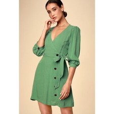 NWT Womens Size Large Lulus Aja Dusty Green Three-Quarter Balloon Sleeve Dress