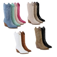 Damen Stiefel Cowboystiefel Stickereien Holzoptikabsatz 839969 Schuhe 
