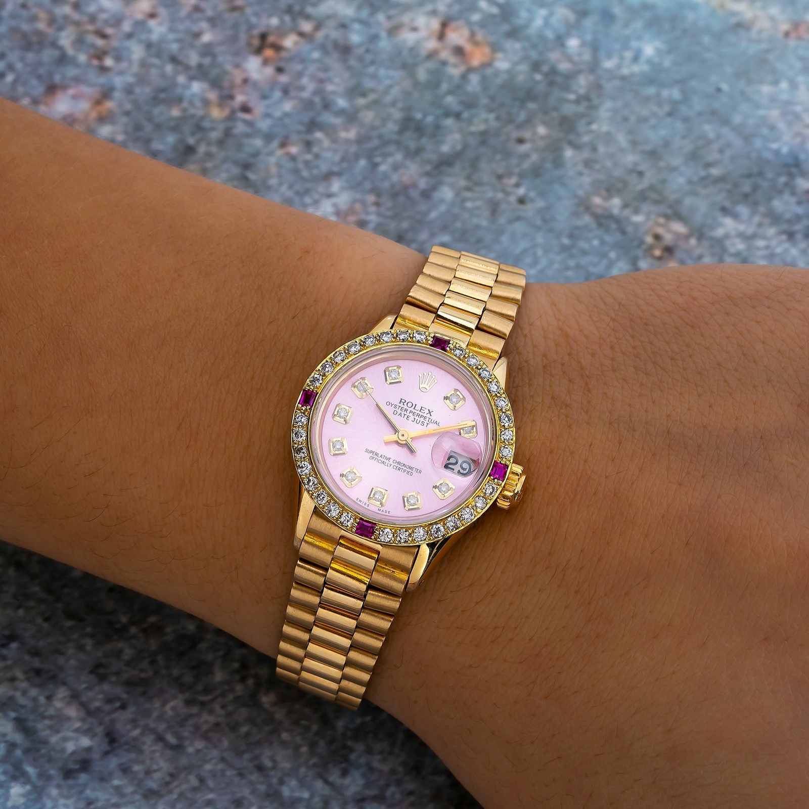 ROLEX DATEJUST 26MM 6517 PINK DIAMOND DIAL YELLOW GOLD PRESIDENTIAL BRACELET