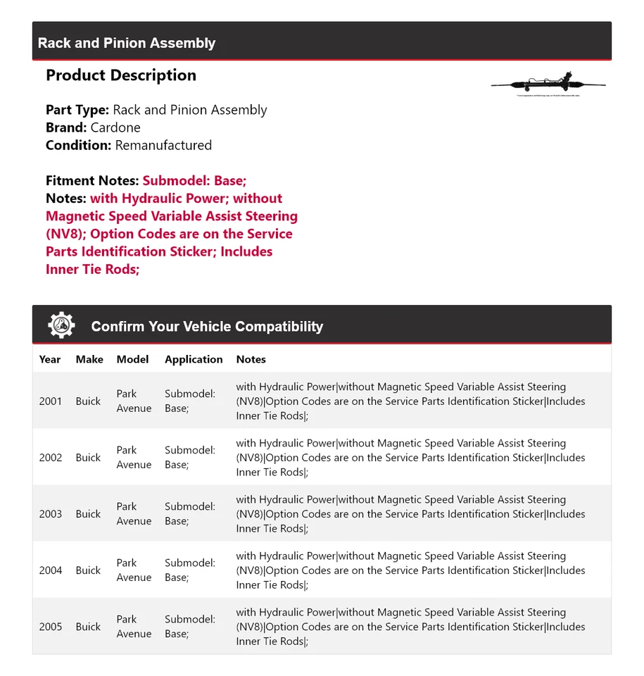 Para Buick Park Avenue 2001-2005 Base Estante y Piñón Conjunto Cardone 2002 2003 Foto 2 de 4
