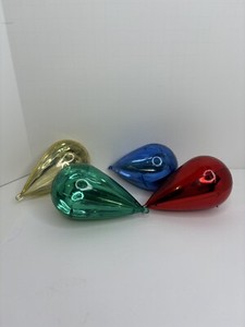 Set of 4 Vintage Jewelbrite Plastic Teardrop Ornaments Red, Grenn, Gold & Blue