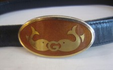 Authentic GUCCI Vintage 70'S Navy Leather Belt w/Enameled Fish Buckle Italy RARE