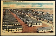Military: Air View, Army Barracks, Fort Devens, MA. WW II Linen, Free Postage.