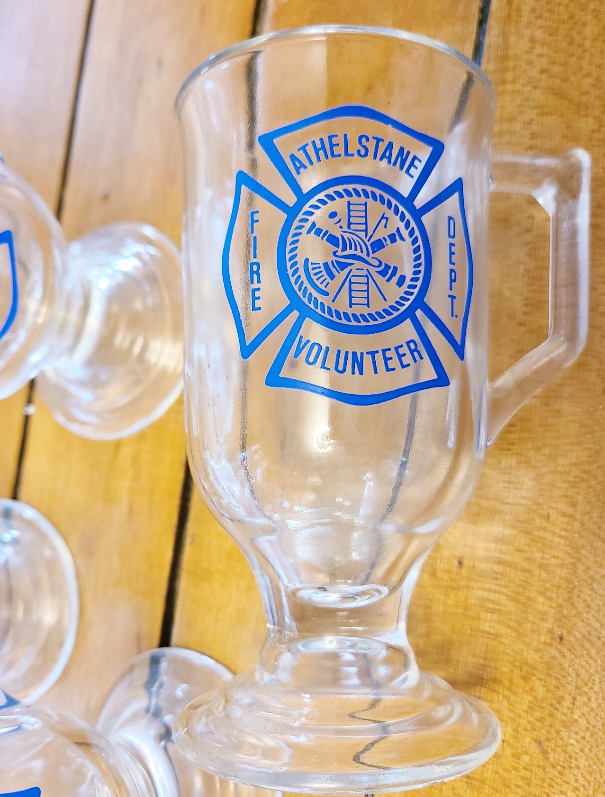 4 Vintage ATHELSTANE Volunteer Fire Department Clear Glass Footed Mugs