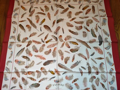 Hermes Scarf Plumes Red 90cm Silk Carre Feather HENRI DE LINARES