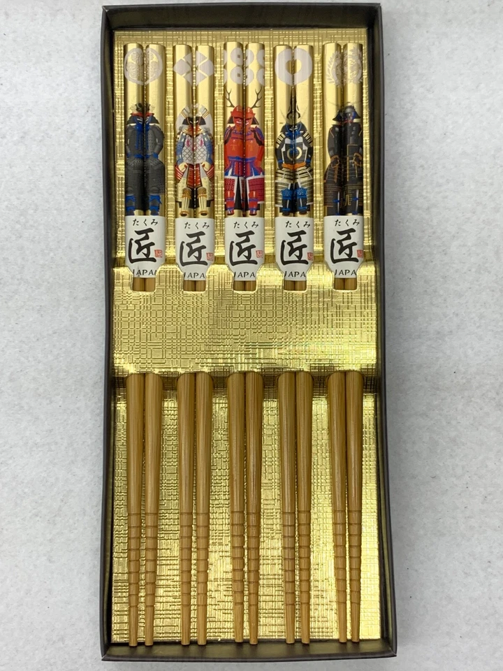 Juego de 5 pares de palillos SAMURAI color dorado hecho a mano Japón recuerdo de 9 pulgadas Foto 2 de 4