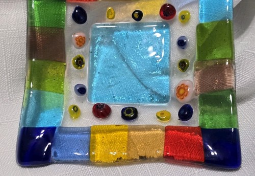 Fused Studio Art Glass Millefiori Trinket Dish 3.5" Square - Picture 6 of 7