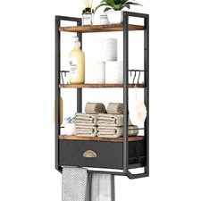 3 Tier Wall Mounted Bathroom Storage Organizer Shelf with Towel Rack Bars Drawer