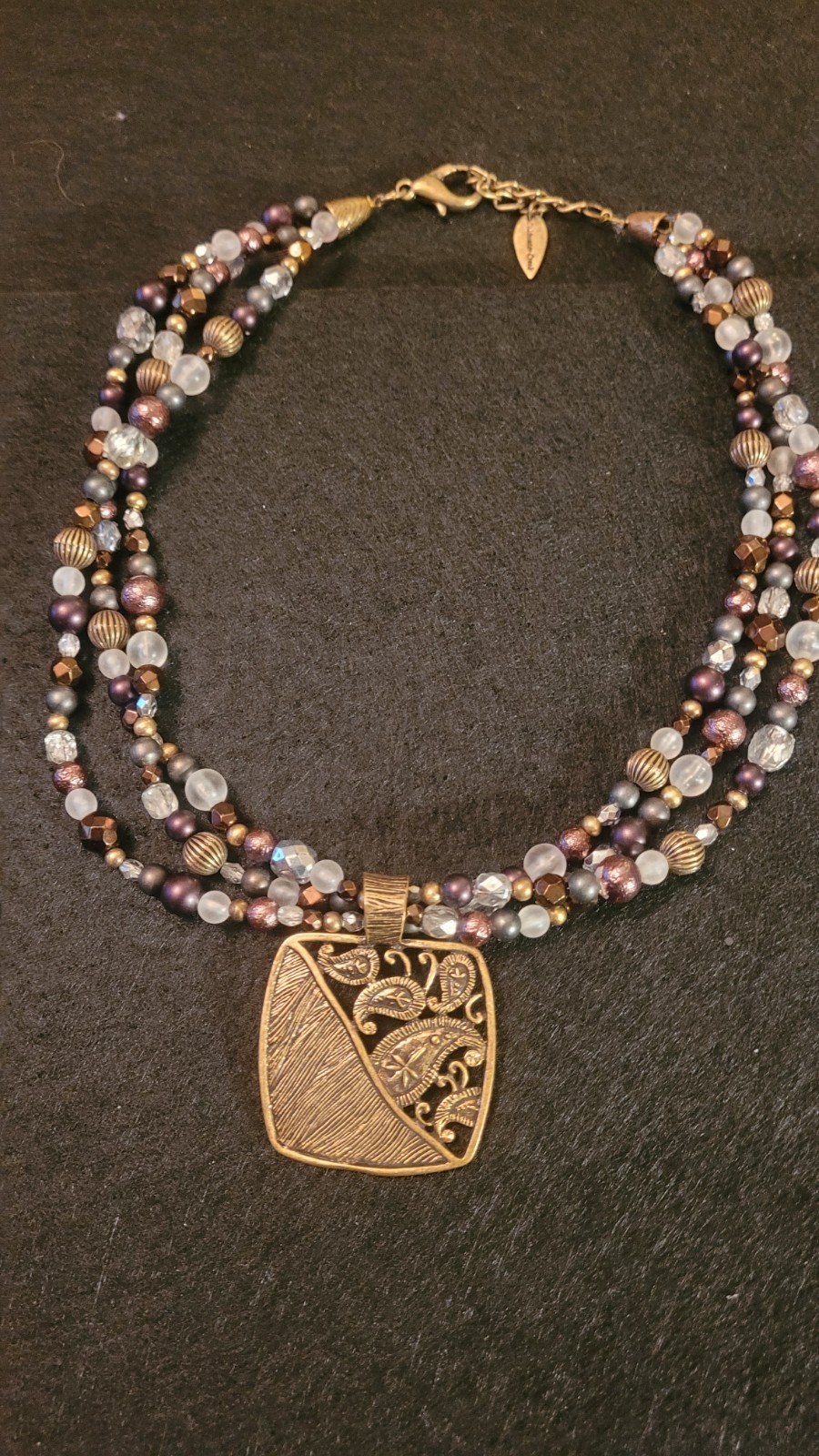 Coldwater Creek Choker Necklace Brown,Blue,Ivory beads and goldish metal pendant