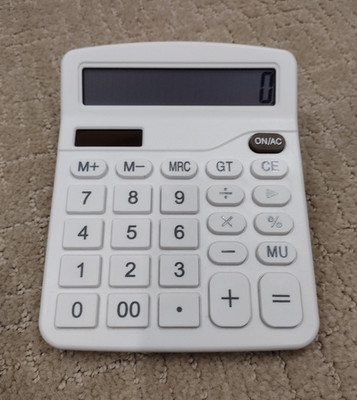Battery & Solar Powered White Calculator 12-Digit Large Display Big Buttons