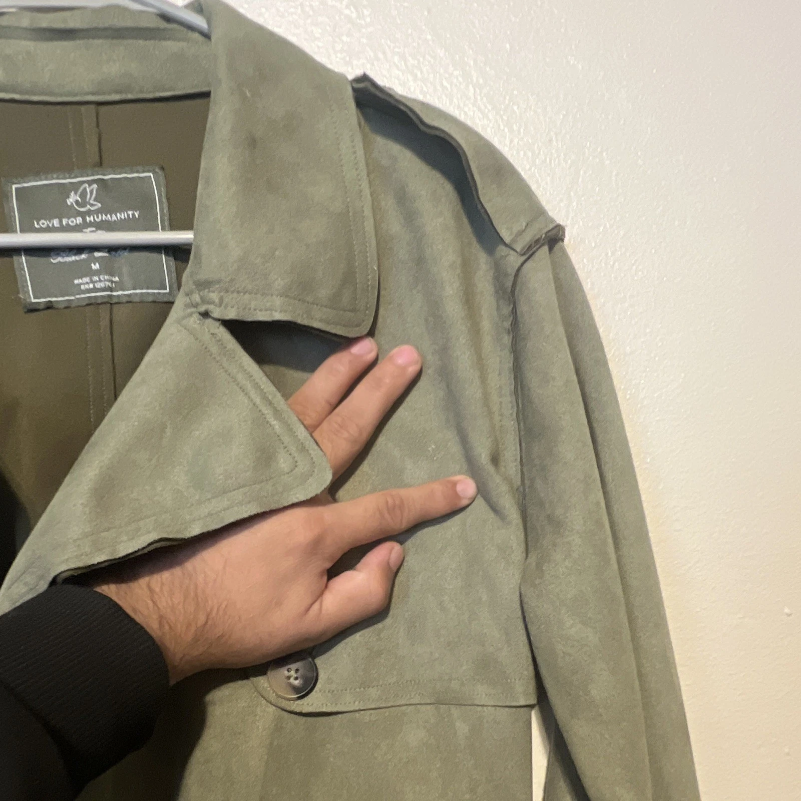 Love For Humanity Black Label Men's Long Belted Lined Green Trench Coat M image 14