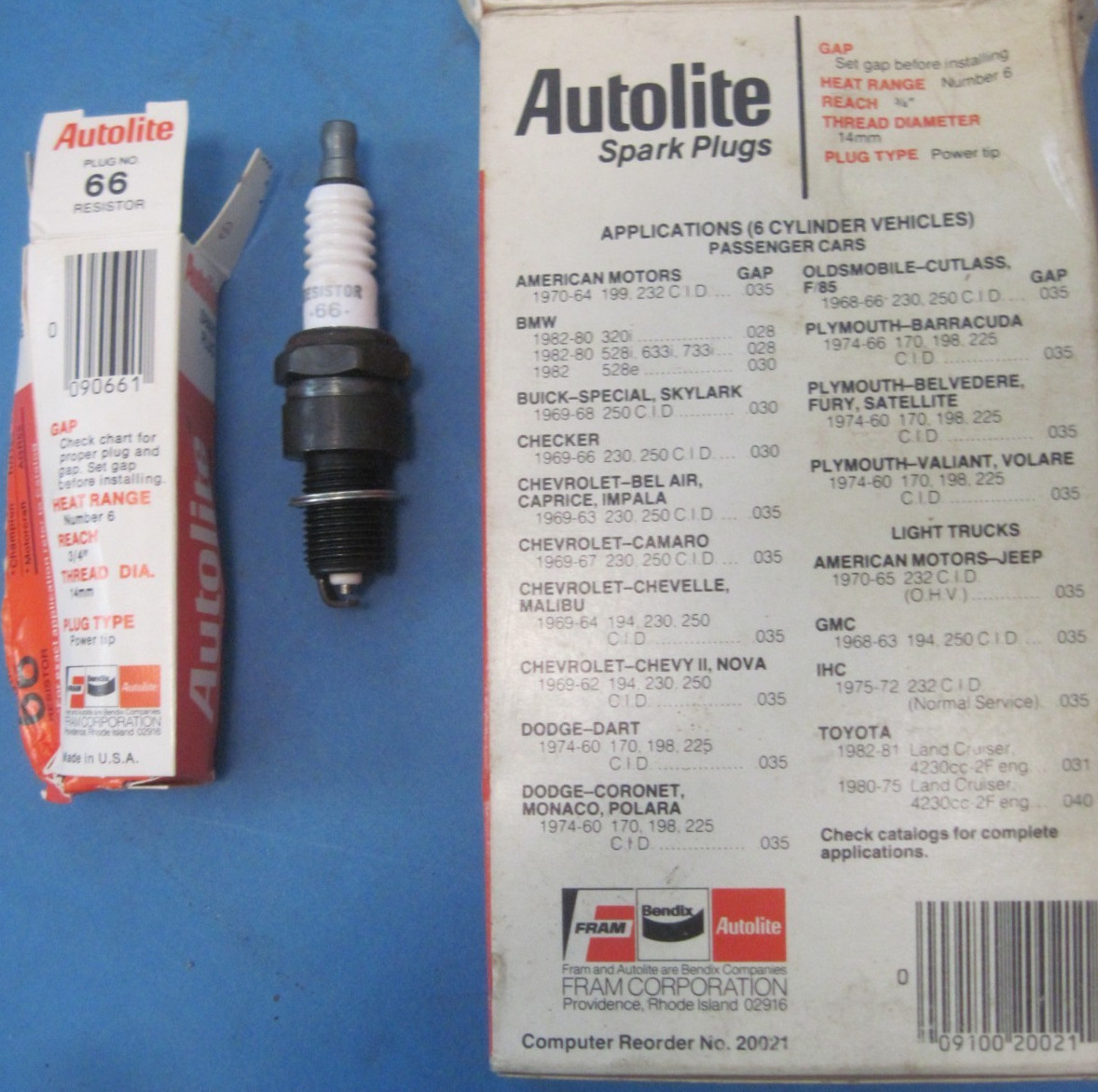 6 new old stock Autolite 66 spark plugs 6 cyl GM cars 1963-1969 Mopar 1960-74