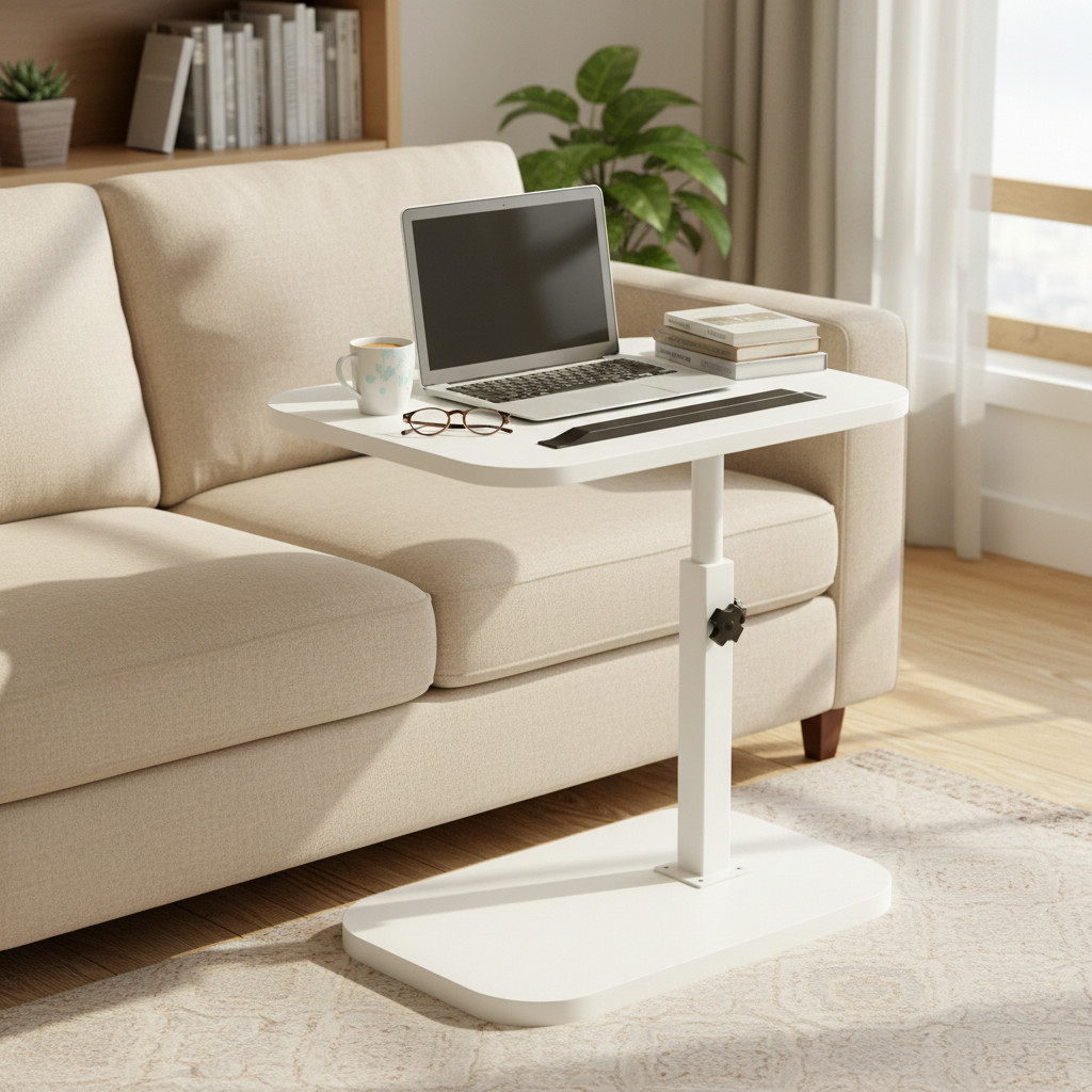 Swivel White C-Shaped Side Table, Height Adjustable End Table for Sofa with Slot