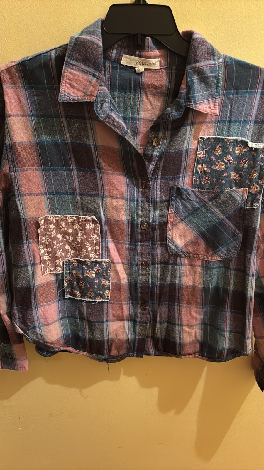 Rewind Plaid Patch Crop Button Down Size Medium. … - image 3