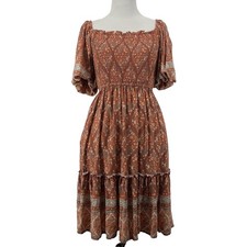 Iris Mi Size Small Smocked Mini Dress Rust Floral Boho Puff Sleeve Women