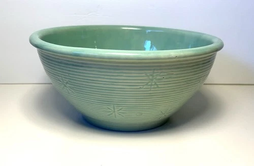 Vintage teal blue Shawnee mixing bowl atomic MCM snowflake pattern 9" ribbed VG
