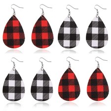 AY Red Buffalo Plaid Leather Earrings Lightweight Handmade Leather Teardrop Leaf