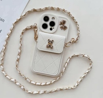 Bow Cartoon Bear 3D PhoneCase with Lanyard,iPhone 15 Pro Max, Crossbody Strap