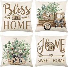 Wyooxoo Throw Pillow Covers 18X18 Set of 4 Farmhouse Pillow Covers Beige Sweet H