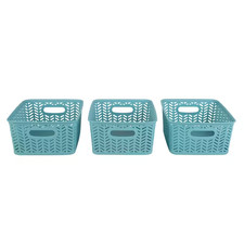 3 Pack Small Herringbone Cube Storage Bin Basket in Dusty Blue