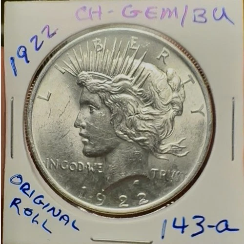 1922 CH-GEM/BU MS PEACE SILVER DOLLAR from Original Roll.   Free shipping