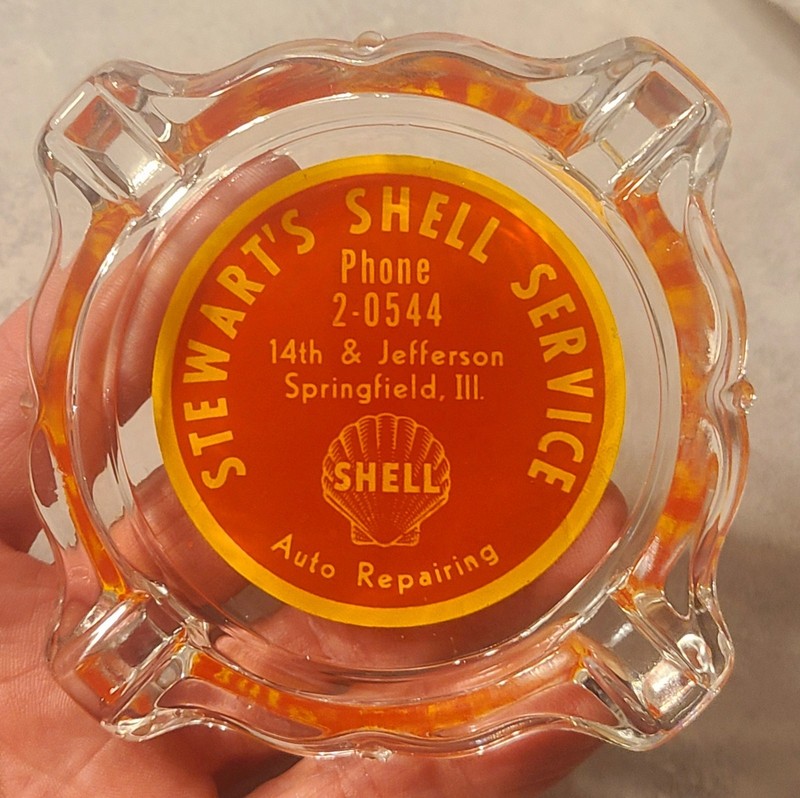 SHELL, Advertising Ashtray, STEWARTS SHELL SERVICE, SPRINGFIELD, ILL, 1950 Era