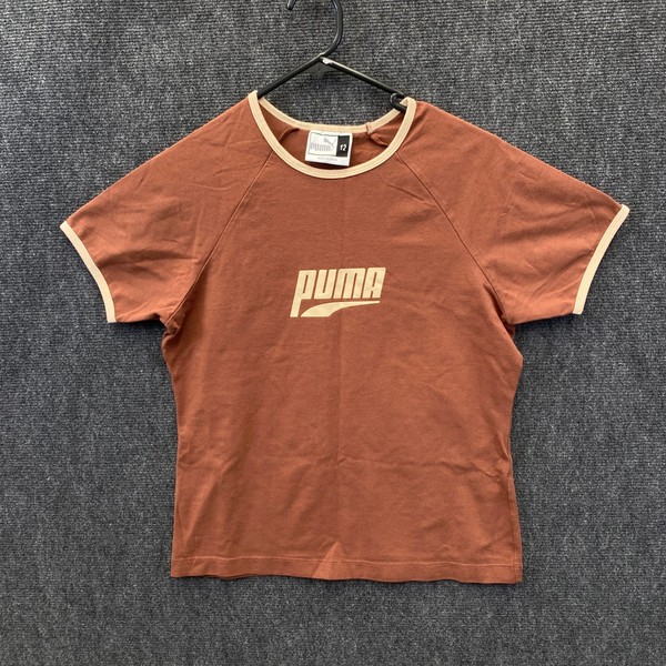PUMA Womens Raglan Sleeve Ringer T-Shirt Tee Brown Crew Neck Logo Retro Size 12