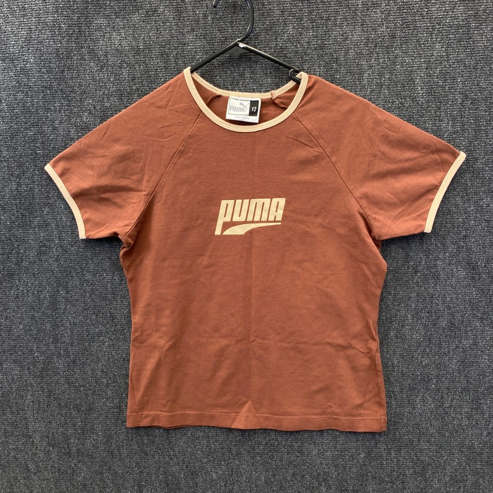 PUMA Womens Raglan Sleeve Ringer T-Shirt Tee Brown Crew Neck Logo Retro Size 12