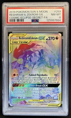2019 Pokemon SM Cosmic Eclipse Reshiram Zekrom Tag Team #259/236 PSA 8