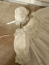 Vintage Baby Christening Gown Bonnet Set White Lace Heirloom Baptism Dress Long