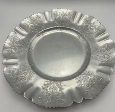 Vintage Embossed Aluminum Serving Plater Charger Plate Ruffled Edge Floral 1950s