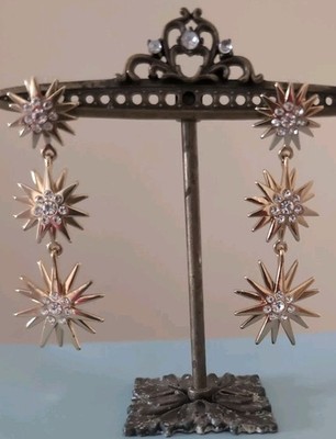  Starburst Drop Earrings Celestial Sunburst Triple Tier Statement Jewelry G-tone
