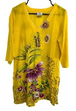 Yellow Floral Tunic Dress Rhinestone Accents V Neck 3/4 Sleeves Cotton Size M