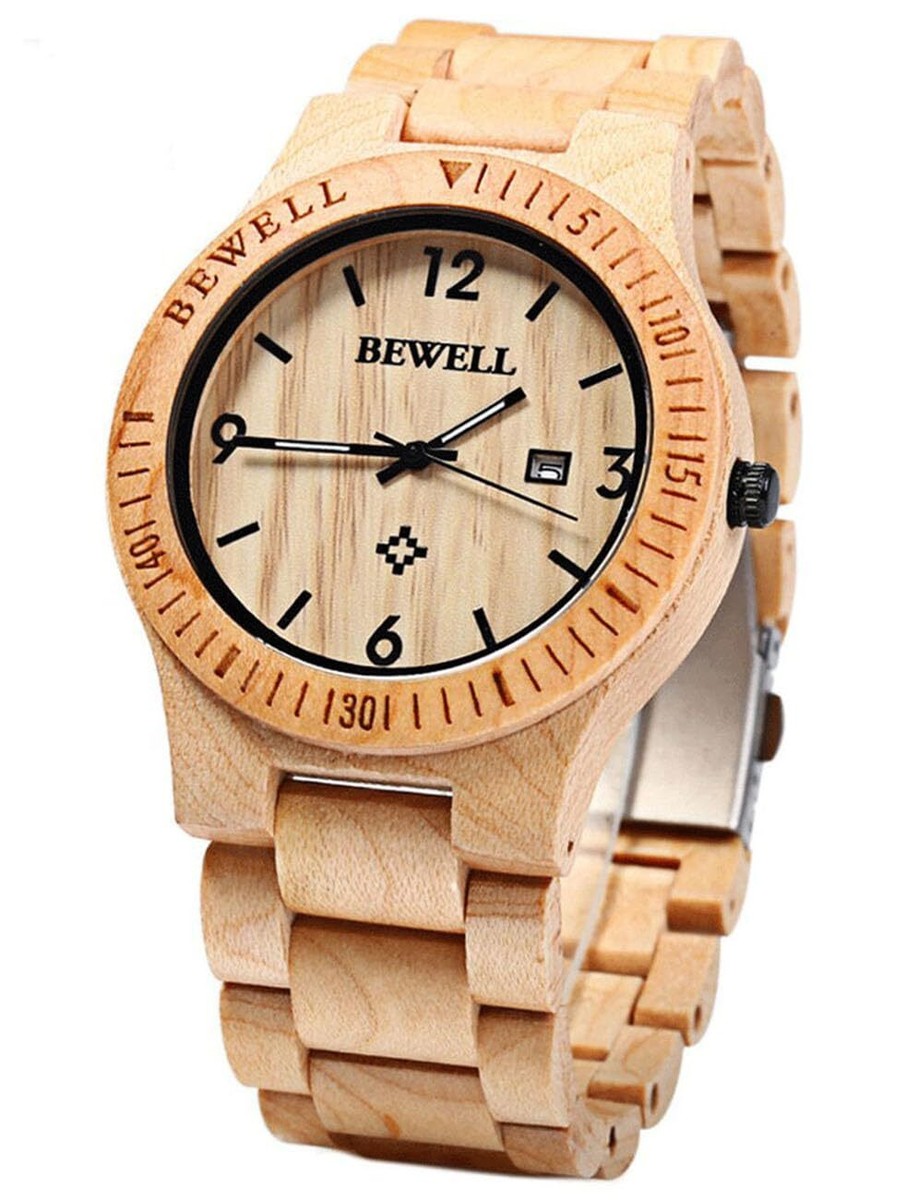 BEWELL ZS-W086B Men Wooden Watch Waterproof Calendar Quartz Movement Brown 