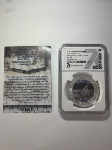 2021 1 Oz Silver Pennsylvania - Ruffed Grouse. Cook Islands, 7K Metals. NGC MS70