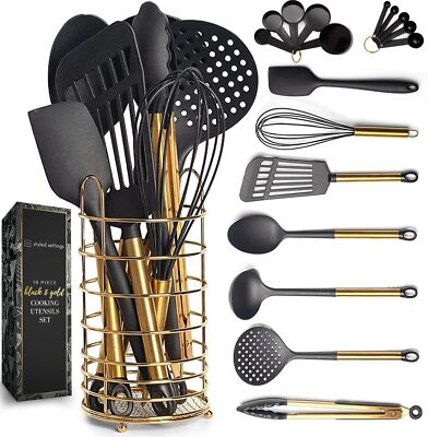 Black and Gold Kitchen Utensils with Stainless Steel Gold Utensil Holder