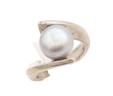 925 Sterling Silver Vintage Ring Designer Grey Pearl Bypass Design Sz 6 RG29111