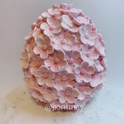 Spring Easter Egg Figurine Pink Glittered Flowers Floral Design 8.5  (NEW)