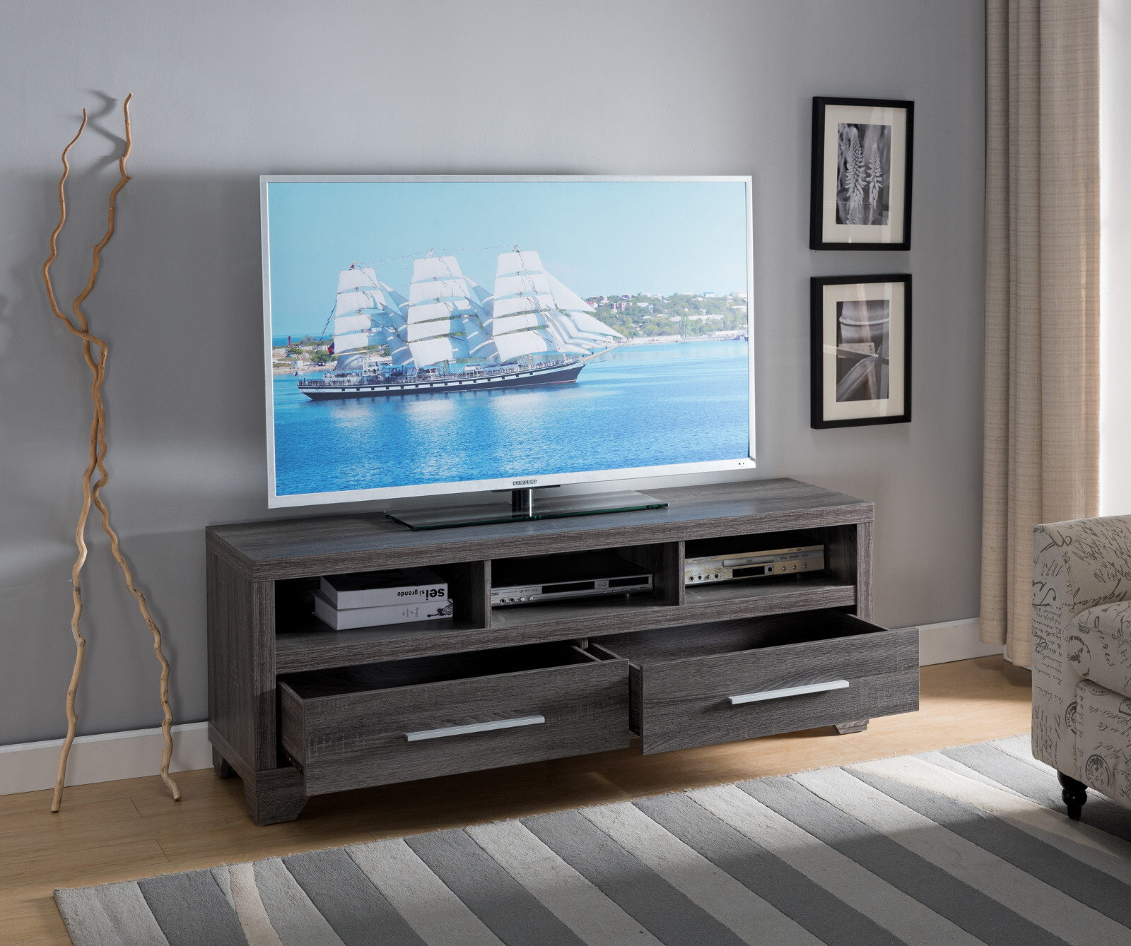 Distressed Grey TV Stand with 3 Shelves & 2 Drawers Entertainment Center