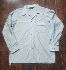 Van Heusen Qiana Blue Nylon Button Up Shirt Size L Vintage 70's Disco
