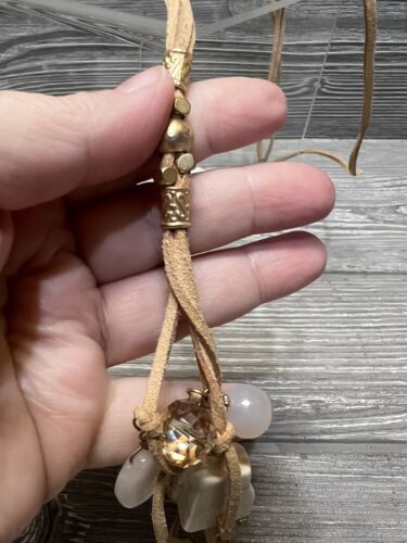 Unique Statement Necklace Large Stones Leather Cord 23” Boho Fashion Jewelry - Picture 2 of 8