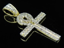 10K Yellow Gold Ankh Cross Two Row Genuine Diamond 1.5 Inch Pendant Charm 0.89ct