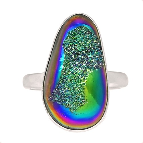 Treated Titanium Aura Druzy 925 Sterling Silver Ring Jewelry s.8 CR62572