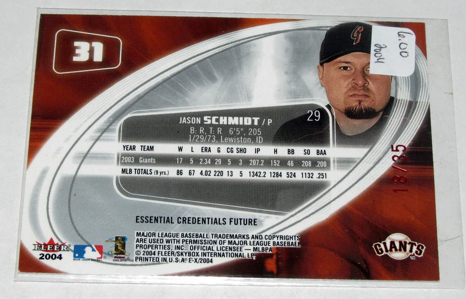2004 EX Essential Credentials Future #31 Jason Schmidt (#/35) Giants - Image 2 of 2