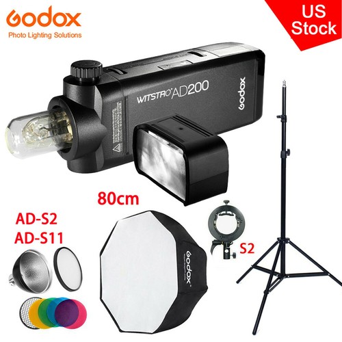 US Godox AD200 2.4 TTL HSS Pocket Flash+AD-S2 S11+80cm Umbrella Softbox Stand